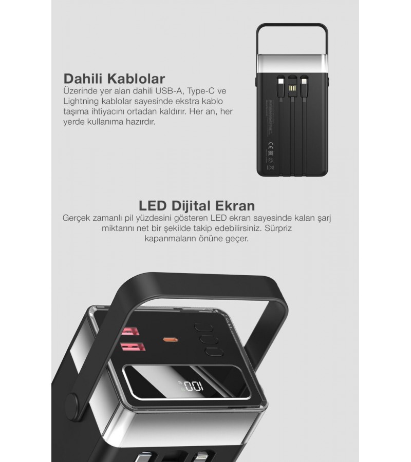 100.000 mAh Süper Kapasiteli LED Işıklı Powerbank – PD 30W / SCP 22.5W Hızlı Şarj, 3 Dahili Kablo, Dijital Ekran
