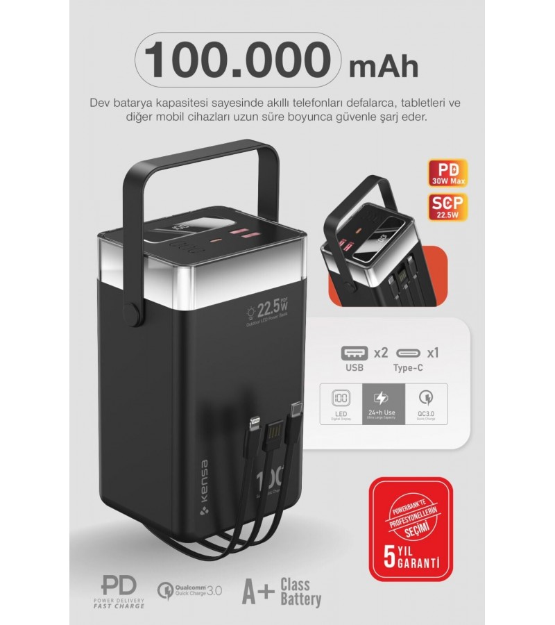 100.000 mAh Süper Kapasiteli LED Işıklı Powerbank – PD 30W / SCP 22.5W Hızlı Şarj, 3 Dahili Kablo, Dijital Ekran